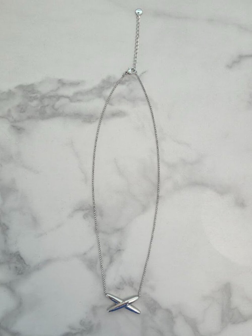 Silver Tone Minimalist Crossed X Pendant Necklace Adjustable - Picture 3 of 16